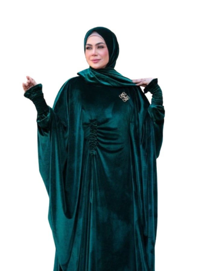 عباية اسدال خروج شتوي حريمي - قطيفة فرنساوي - لون زيتي سادة - Image 4